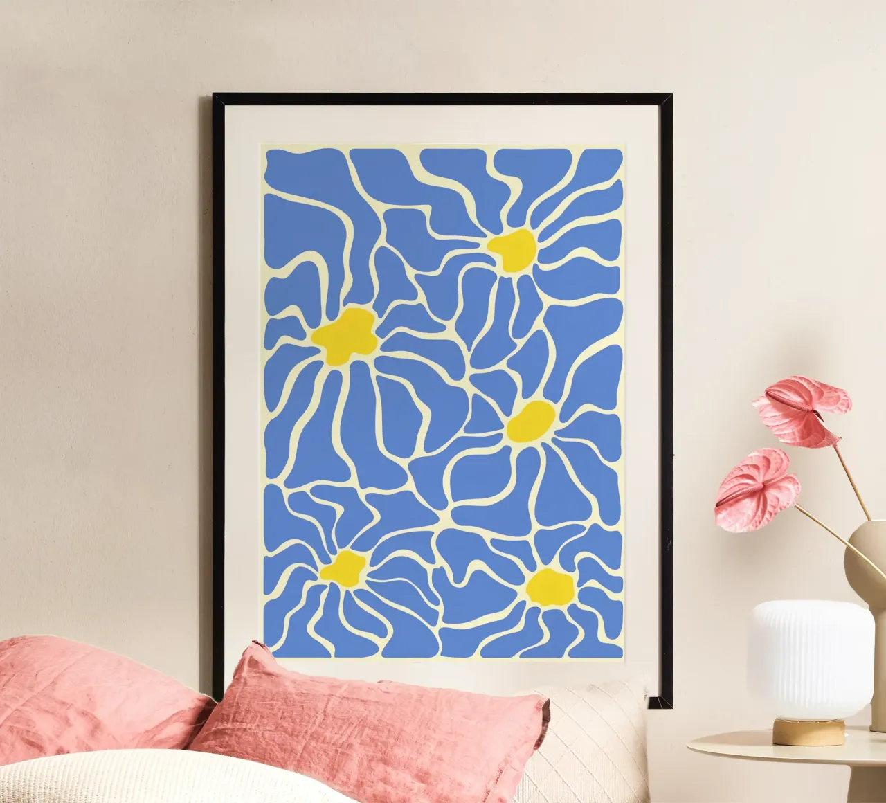 Floreale ispirato a Matisse: ritagli astratti, blu e giallo, M poster con telaio in alluminio da NorwesClub