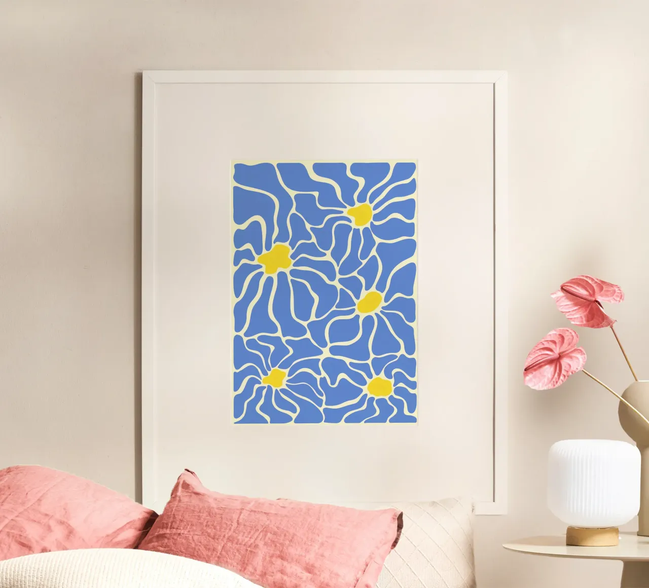 Floreale ispirato a Matisse: ritagli astratti, blu e giallo, M poster con telaio in alluminio da NorwesClub