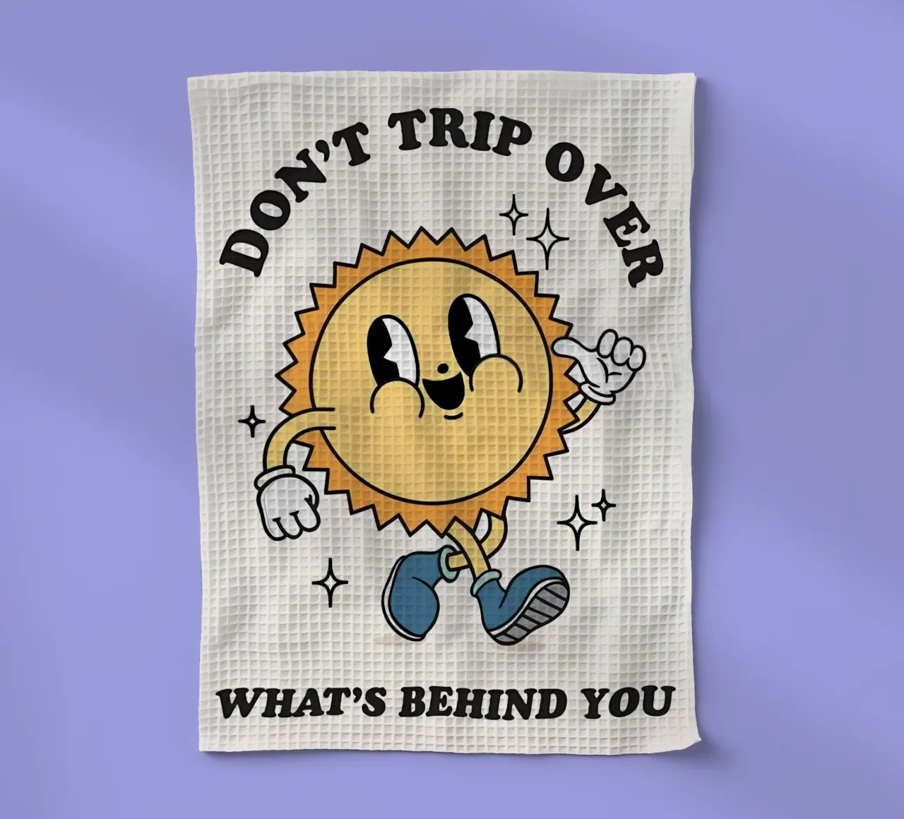 "Trip niet" Zon: Retro-cartoon, positieve vibes, Indie Aesth theedoek van NorwesClub