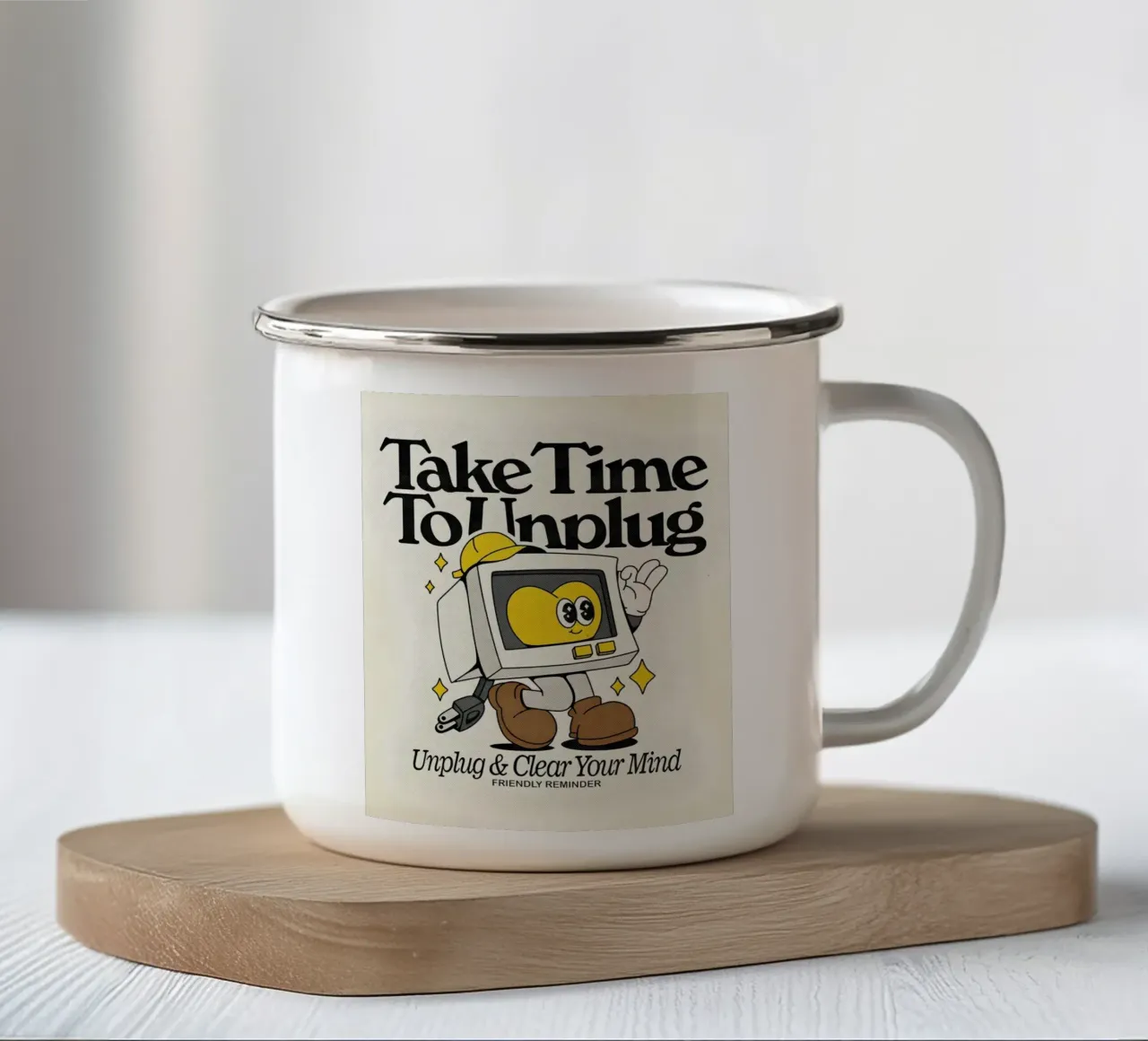 "Unplug & Clear Your Mind": Retro-Tech-Kunst, Selbstfürsorge, Posit Emaille Tasse von NorwesClub