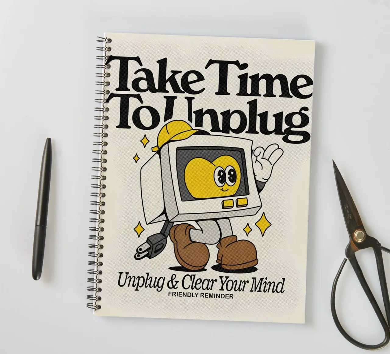 "Unplug & Clear Your Mind": Retro Tech Art, Self-Care, Posit spiral notebook by NorwesClub