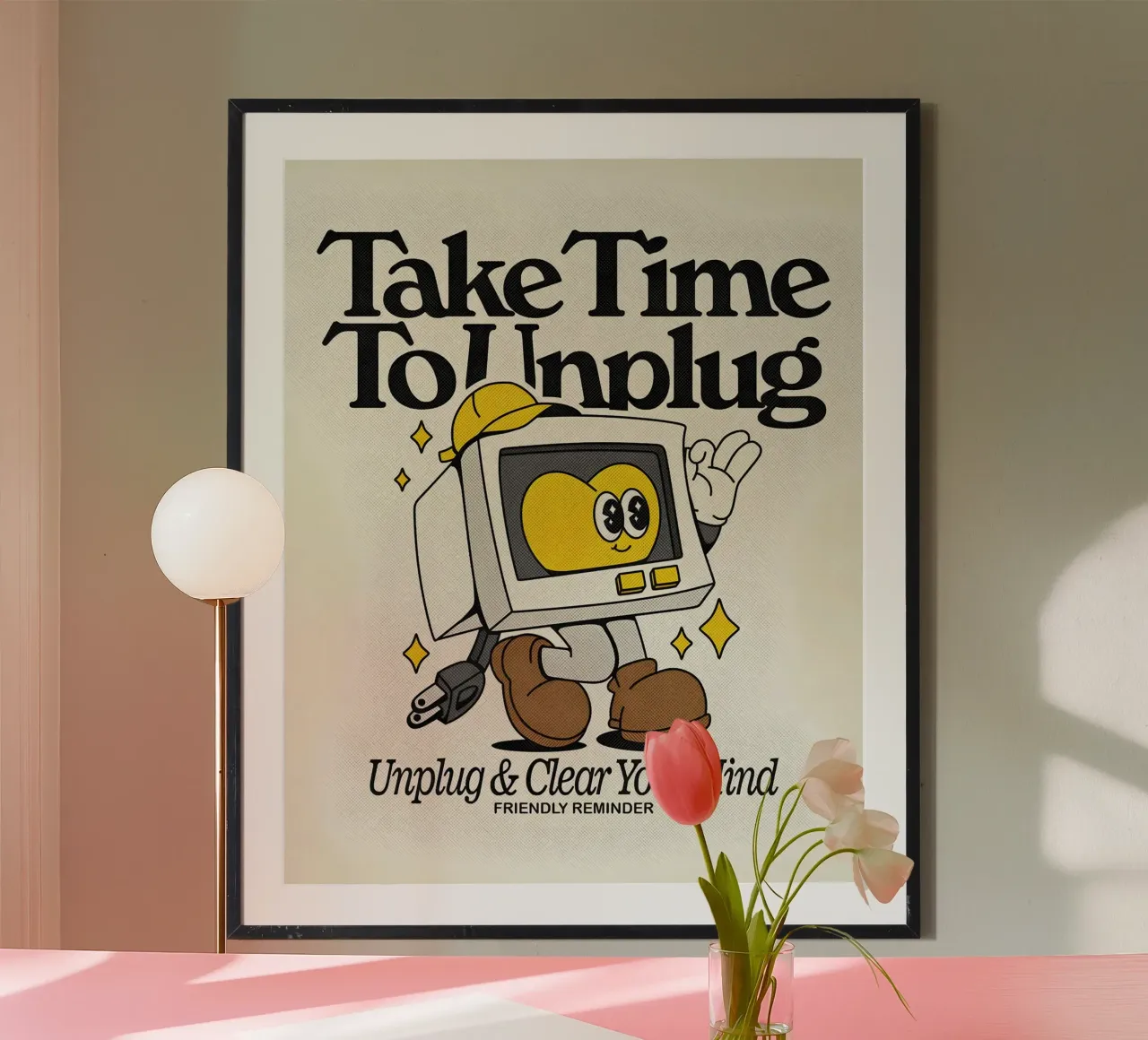 "Staccare la spina e liberare la mente": Arte retro-tecnologica, cura di sé, Posit poster con telaio in plastica da NorwesClub