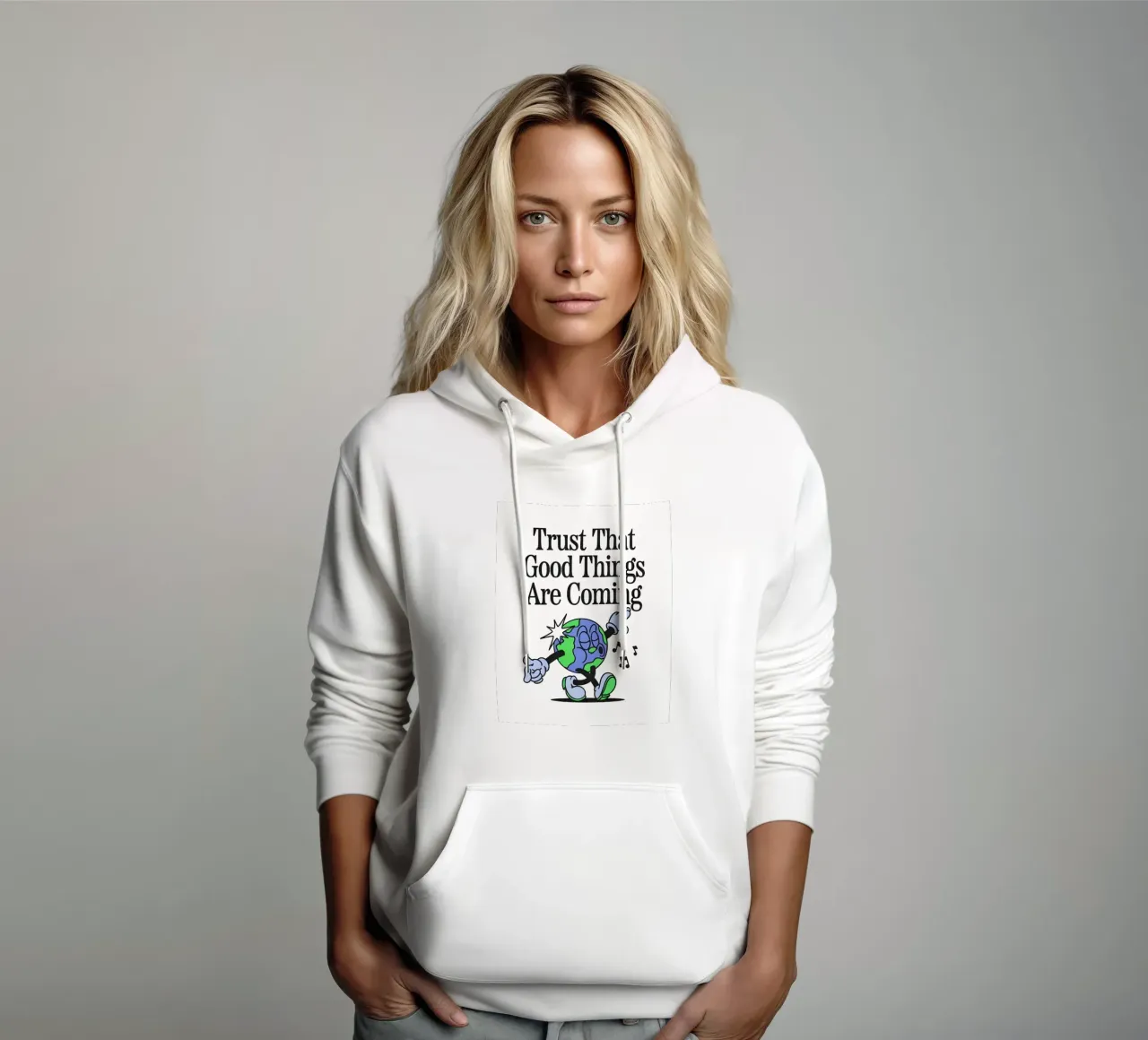 "Trust Good Things" Earth Character Art - Positive Vibes Ret sudadera con capucha de NorwesClub