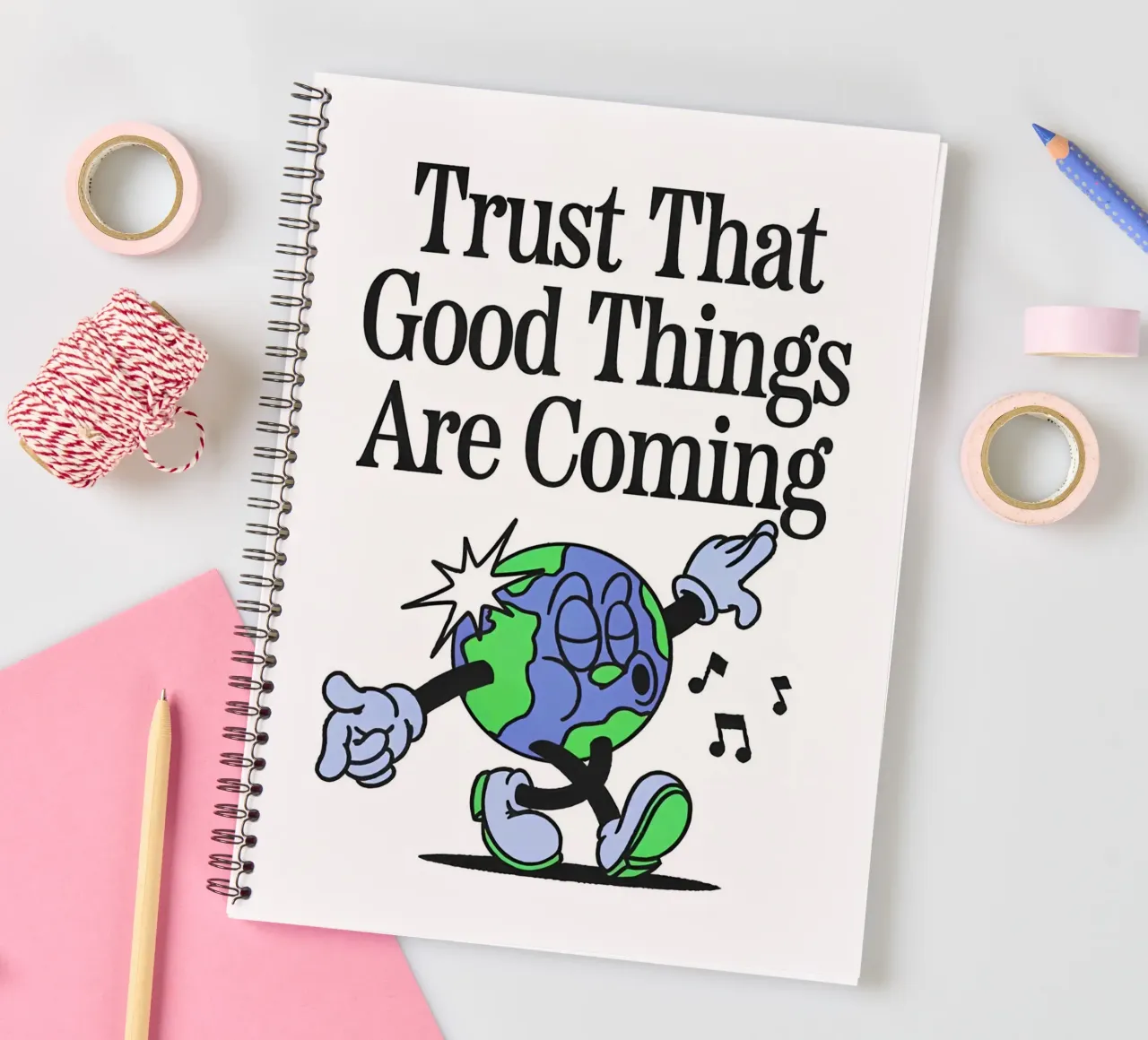 "Trust Good Things" Earth Character Art - Positive Vibes Ret spiral notebook by NorwesClub