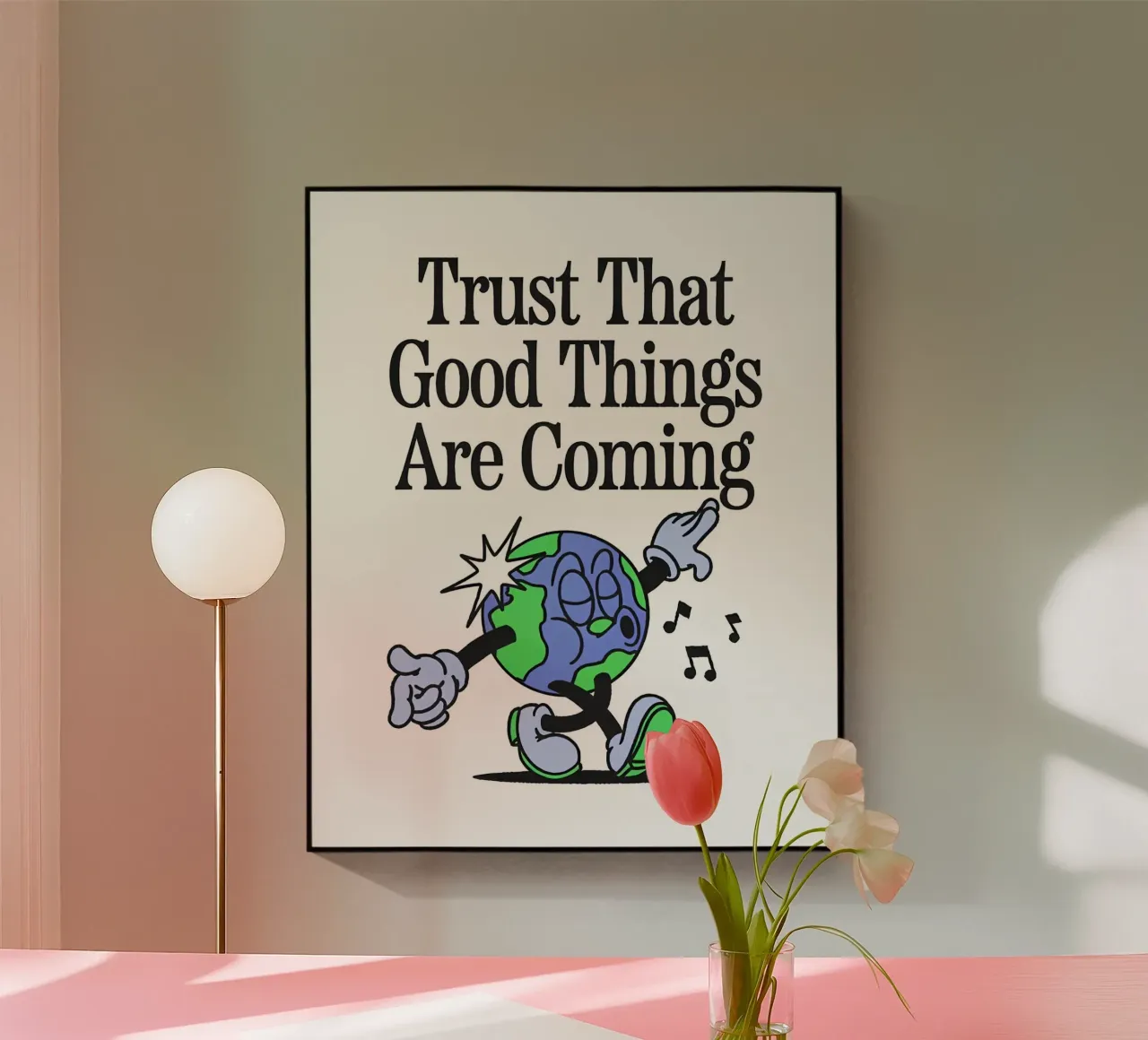 "Trust Good Things" Earth Character Art - Positive Vibes Ret metacrilato de NorwesClub
