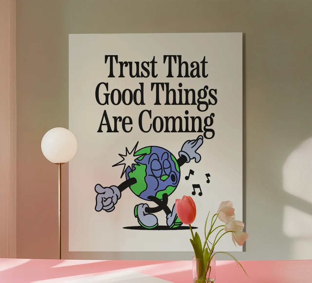 "Trust Good Things" Earth Character Art - Positive Vibes Ret metacrilato de NorwesClub