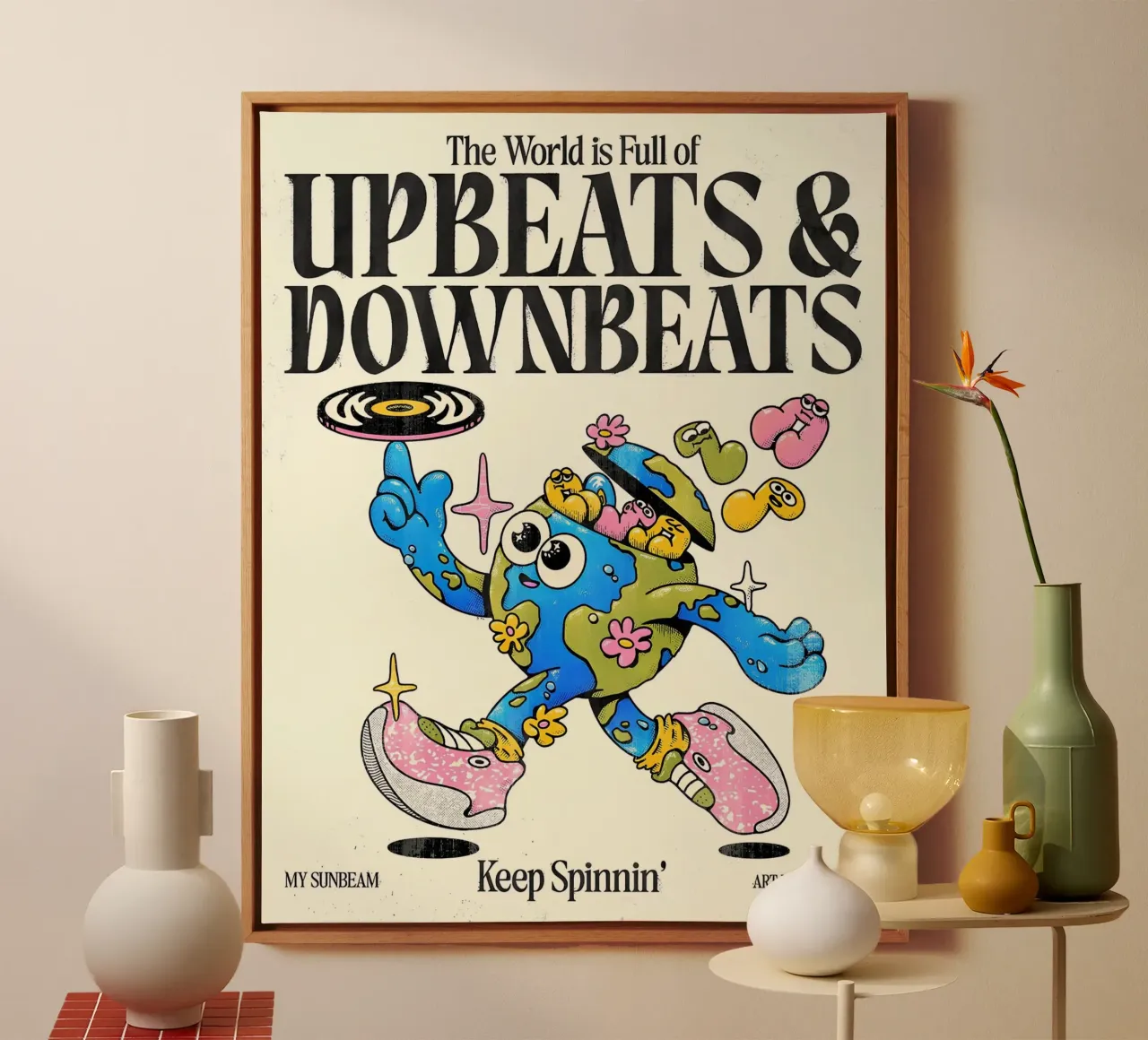 "Upbeats & Downbeats" Aarde Muziek Kunst - Retro Funky Characte canvas met Baklijst van NorwesClub