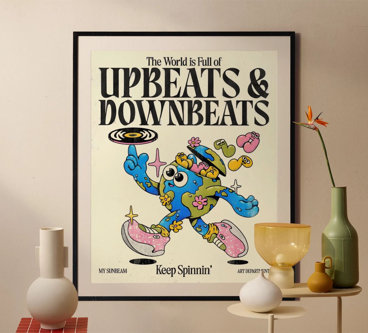 "Upbeats & Downbeats" Erd-Musik-Kunst - Retro-Funky-Charakter Poster von NorwesClub