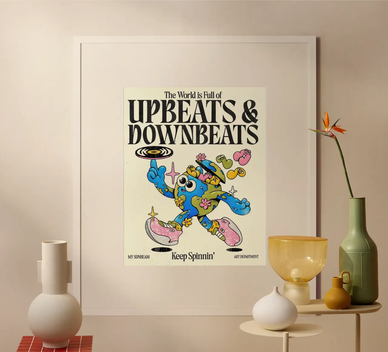 Arte musicale terrestre "Upbeats & Downbeats" - Carattere retrò e funky poster con telaio in legno da NorwesClub