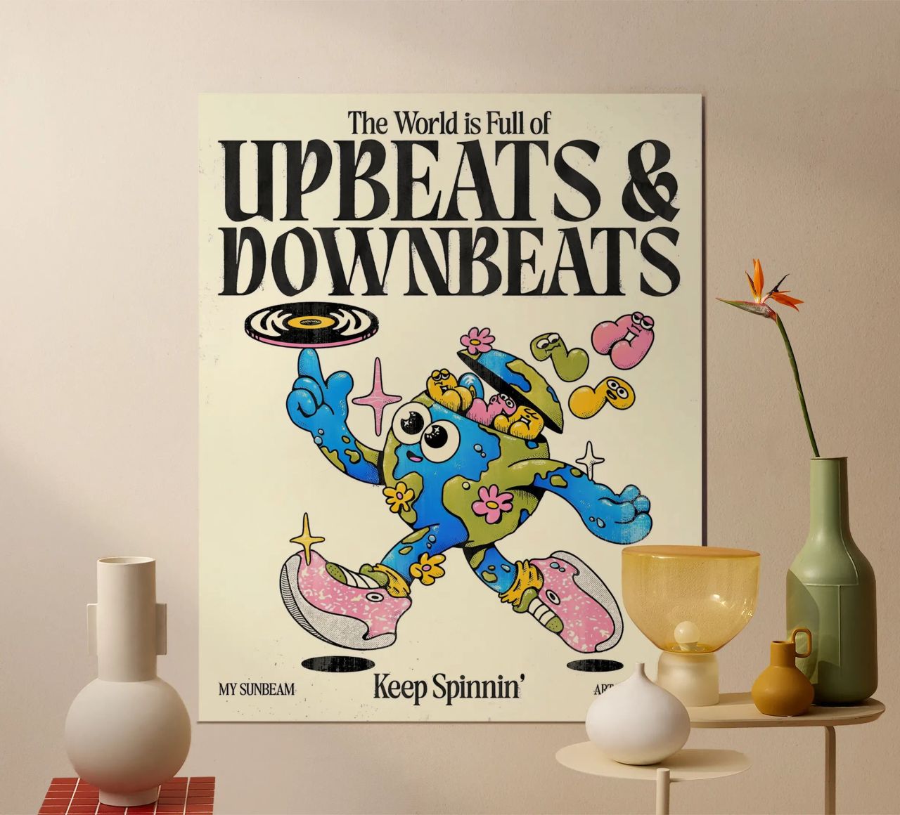 "Upbeats & Downbeats" Erd-Musik-Kunst - Retro-Funky-Charakter Poster von NorwesClub