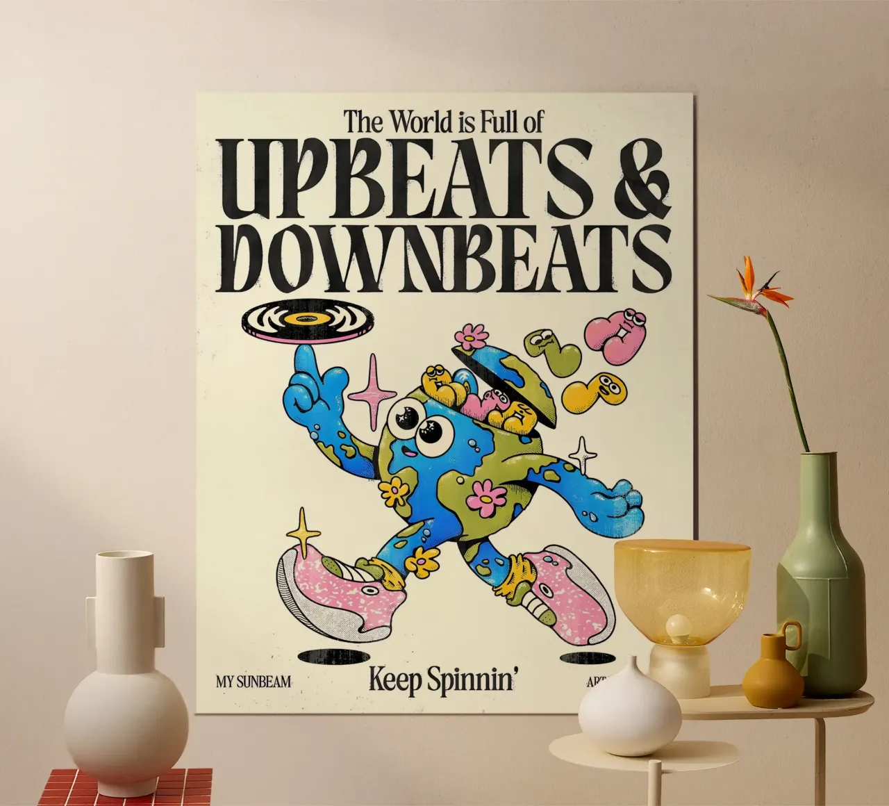 Arte musicale terrestre "Upbeats & Downbeats" - Carattere retrò e funky poster con telaio in legno da NorwesClub