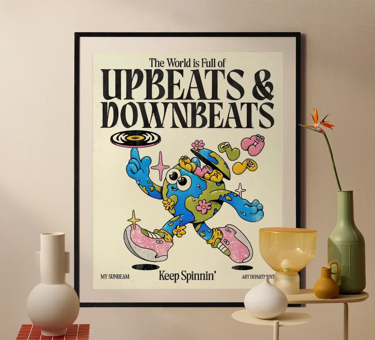 Arte musicale terrestre "Upbeats & Downbeats" - Carattere retrò e funky poster con telaio in legno da NorwesClub