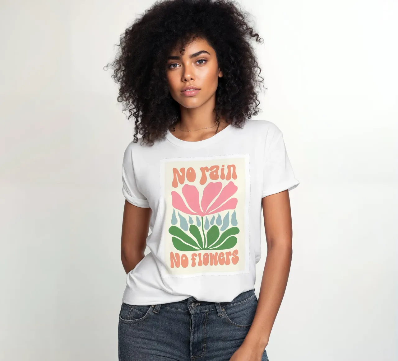 Botanische kunst "Geen regen geen bloemen" - Minimalistische Boho Illustr dames t-shirt getailleerd van NorwesClub