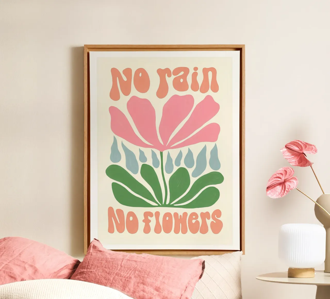 Arte botanica "No Rain No Flowers" - Illustrazione minimalista Boho tela con Cornice a cassetta da NorwesClub