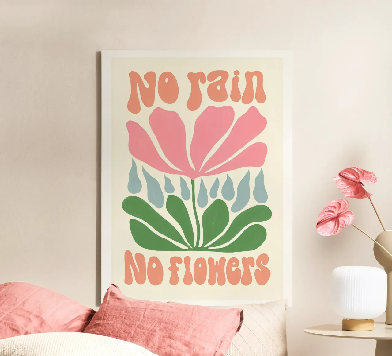 Arte botanica "No Rain No Flowers" - Illustrazione minimalista Boho tela con Cornice a cassetta da NorwesClub