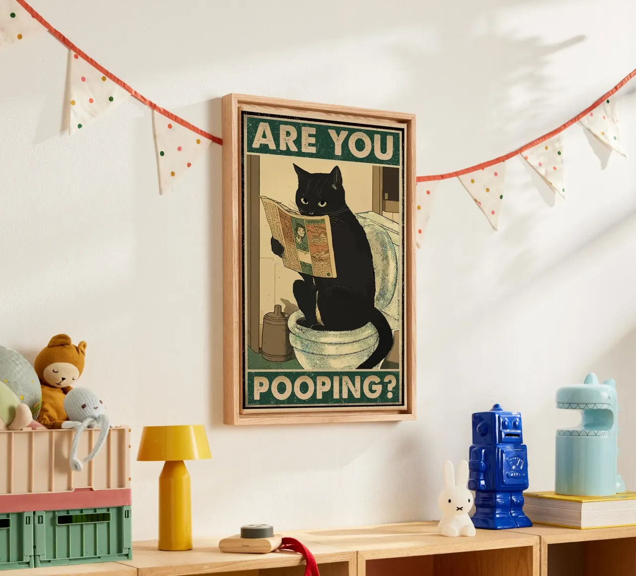gatto da toilette giornale comico vintage tela con Cornice a cassetta da Kirsten C Nolan