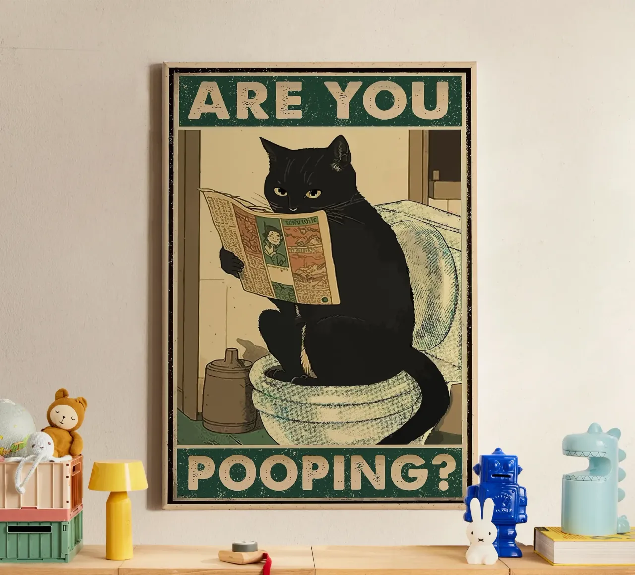 gatto da toilette giornale comico vintage tela con Cornice a cassetta da Kirsten C Nolan