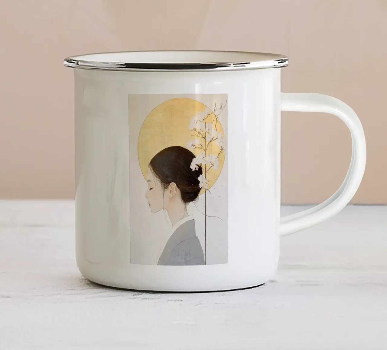 vrouw portret profiel zijaanzicht emaille mok van James Isaac Jackson