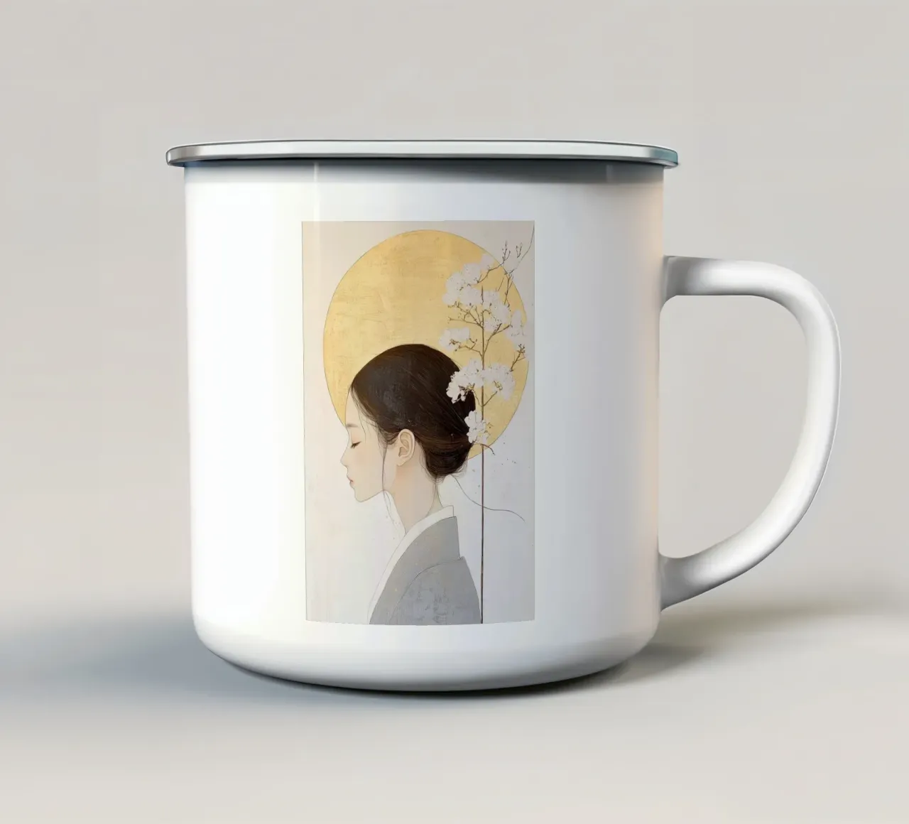 vrouw portret profiel zijaanzicht emaille mok van James Isaac Jackson
