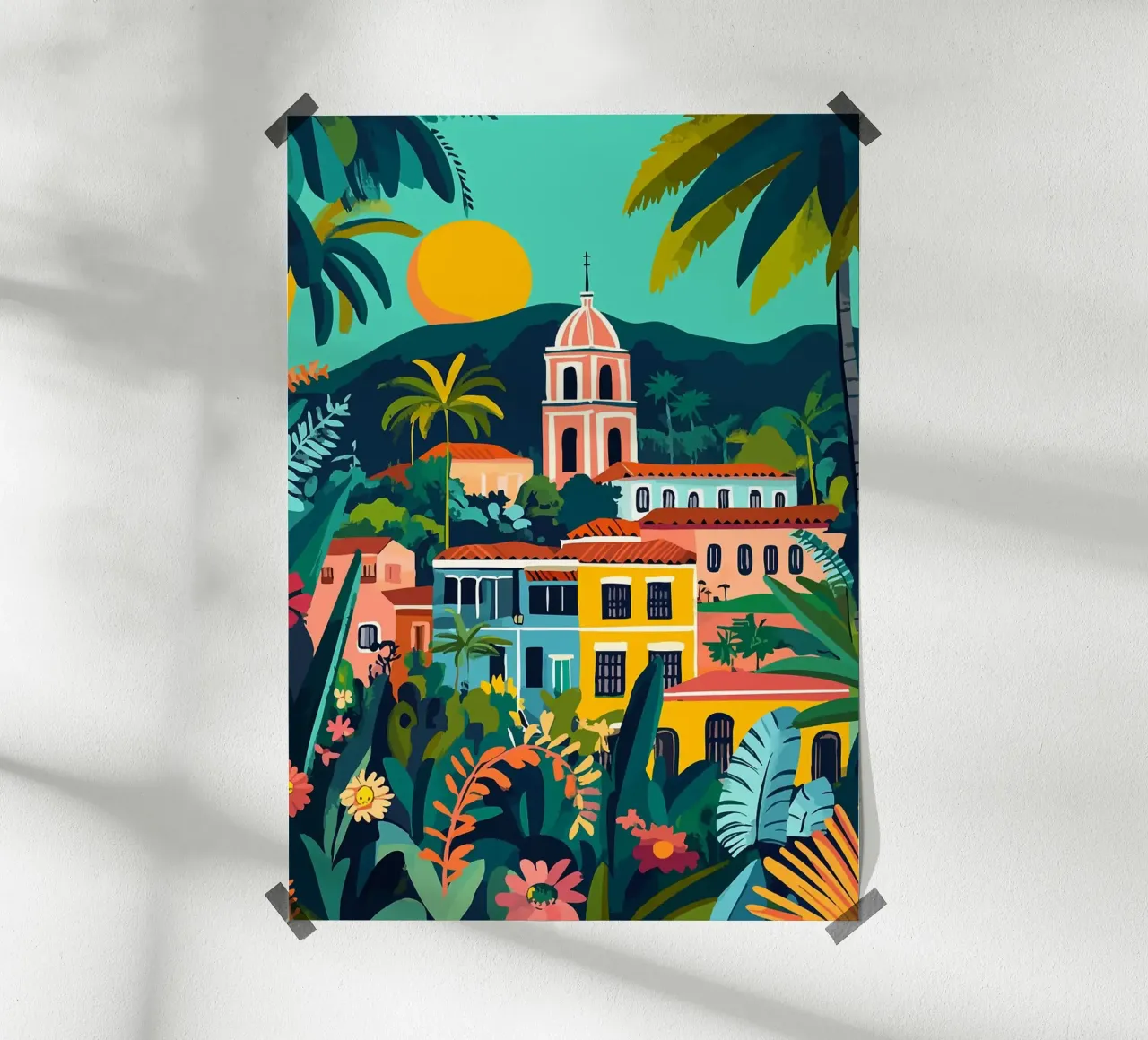 sole montagne fiori tropicali chiesa poster da James Isaac Jackson