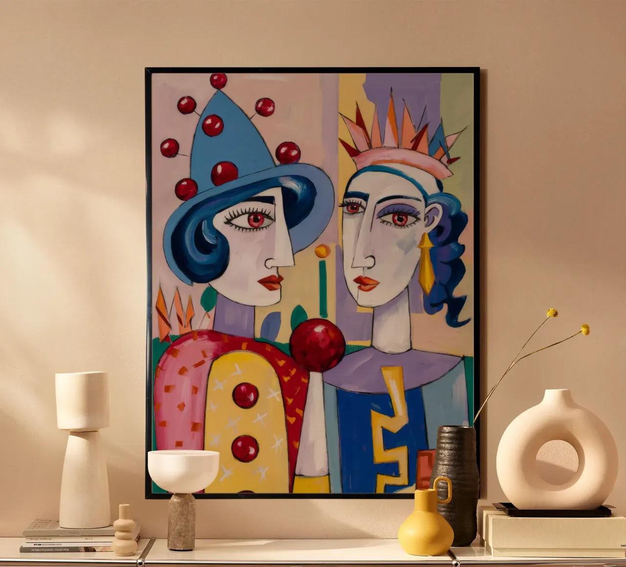 Ritratto di clown stravagante poster con telaio in legno da Lunar Templar