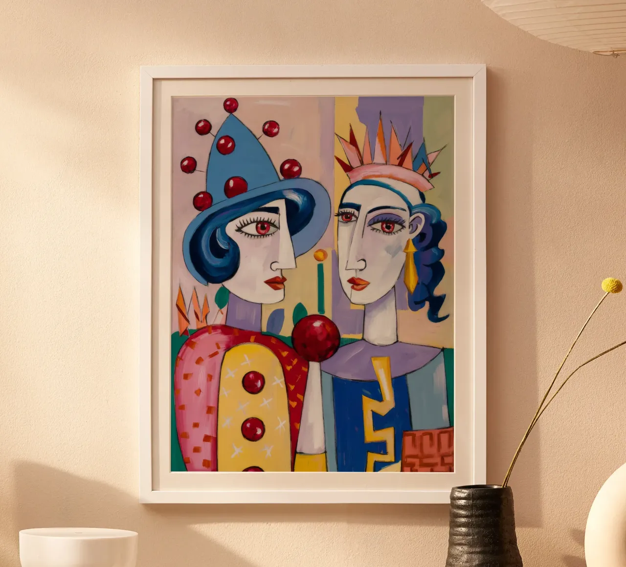 Ritratto di clown stravagante poster con telaio in legno da Lunar Templar