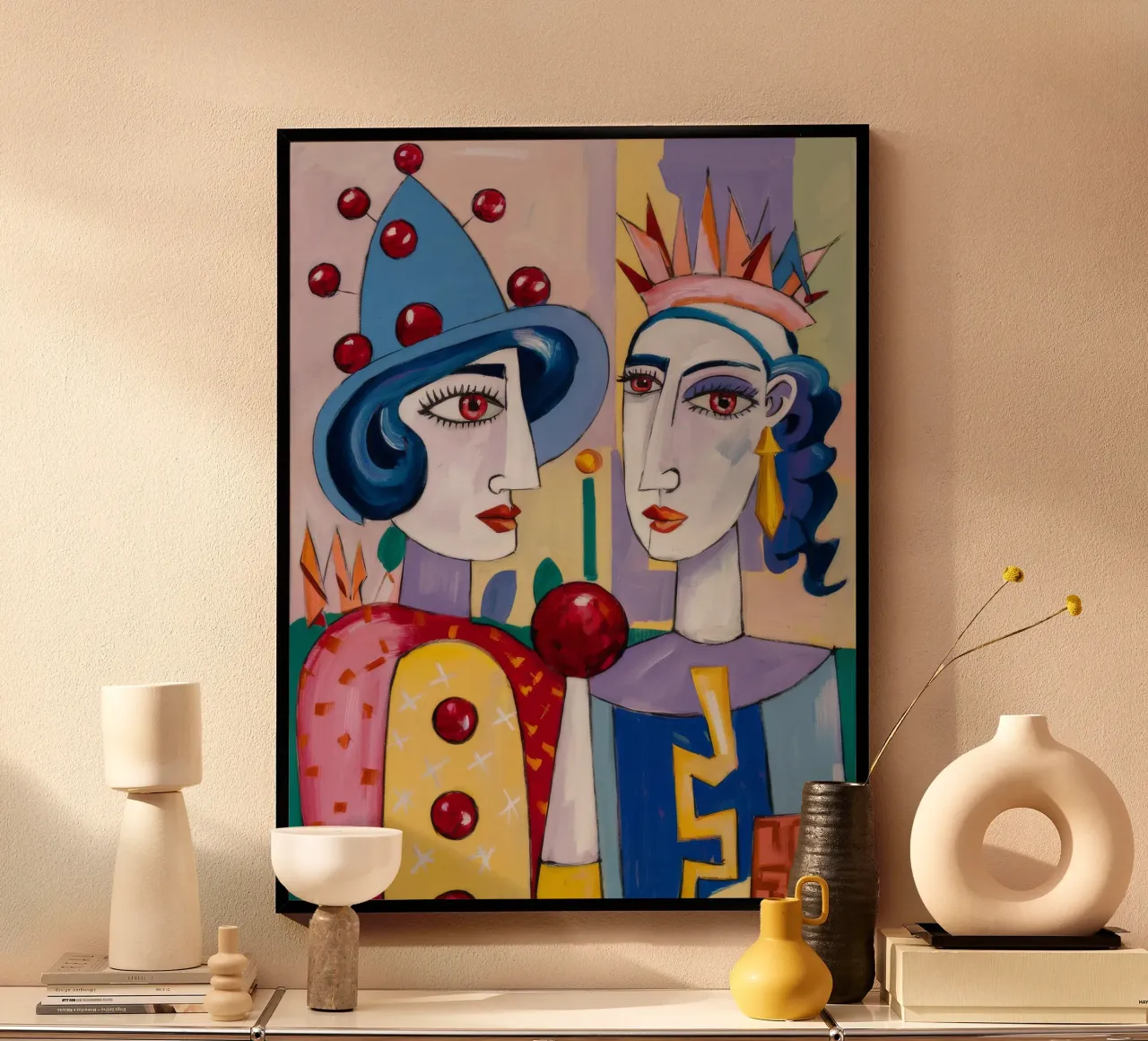 Ritratto di clown stravagante poster con telaio in legno da Lunar Templar