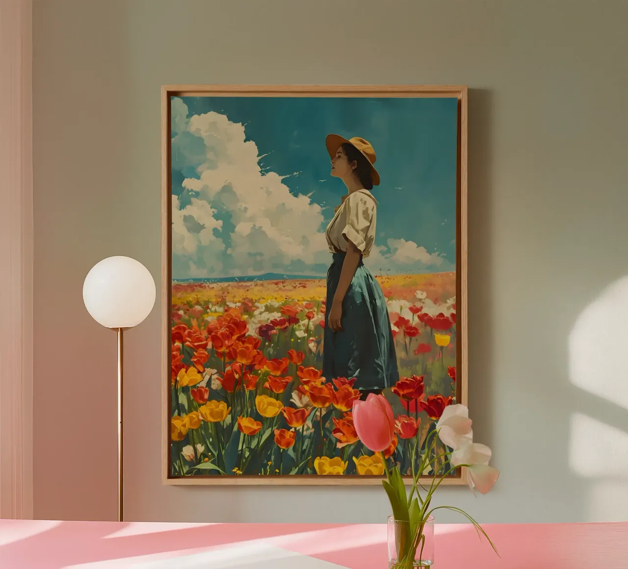Donna in un campo di tulipani Vintage art tela con Cornice a cassetta da Vintage Travel Art