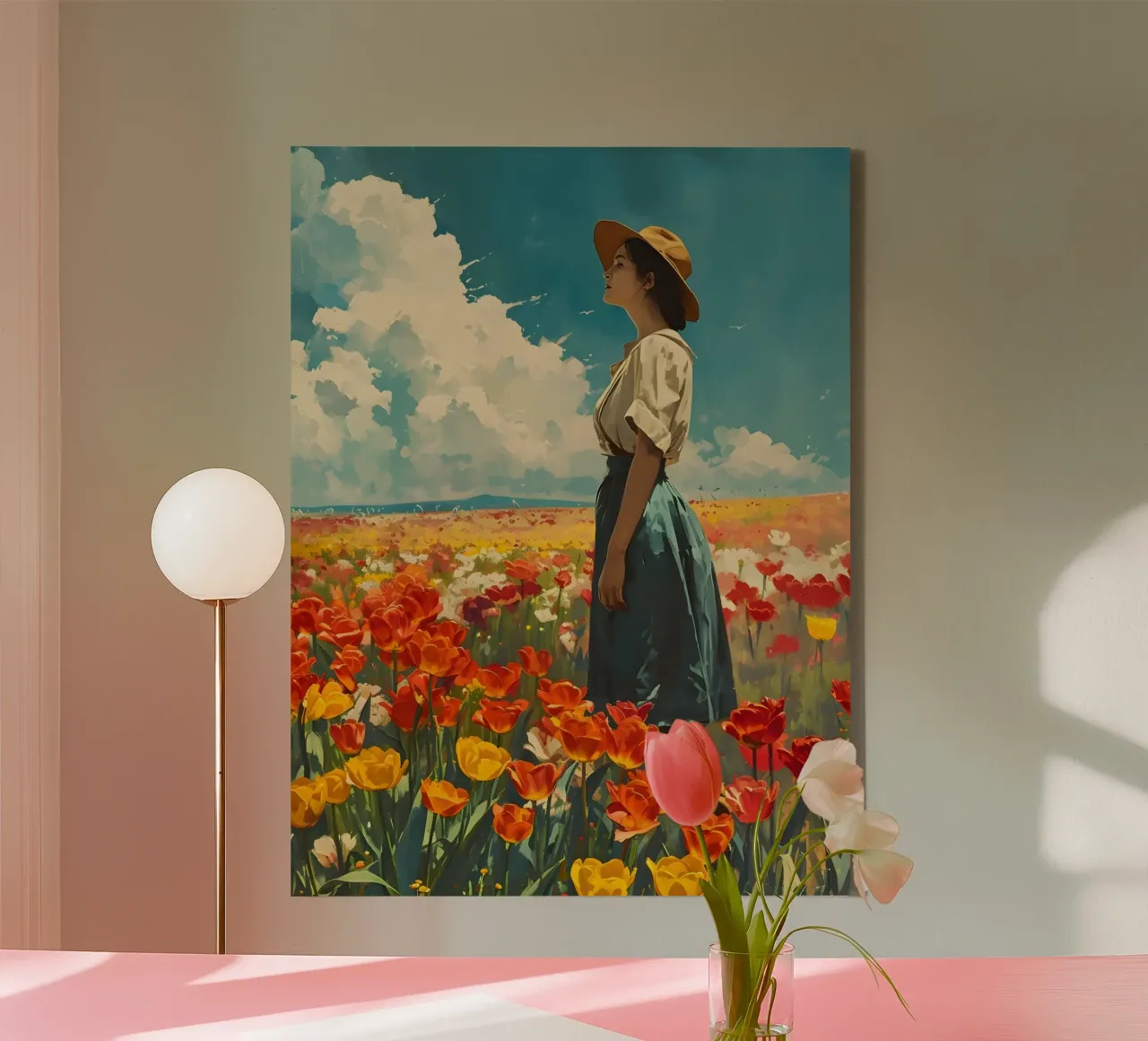 Donna in un campo di tulipani Vintage art tela con Cornice a cassetta da Vintage Travel Art