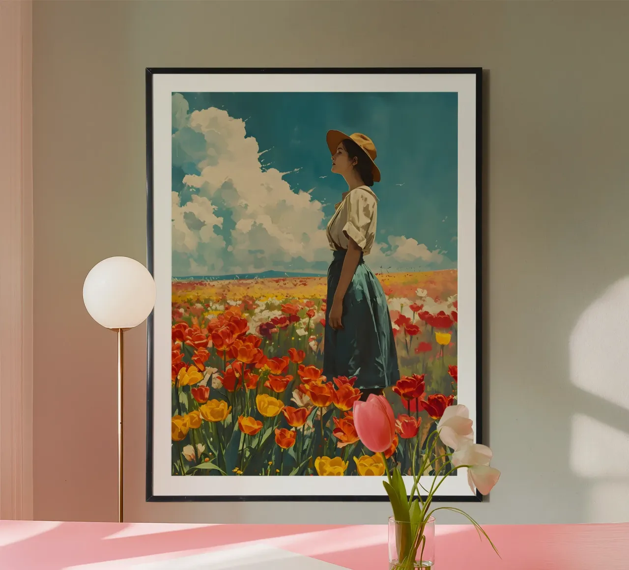 Donna in un campo di tulipani Vintage art poster con telaio in alluminio da Vintage Travel Art