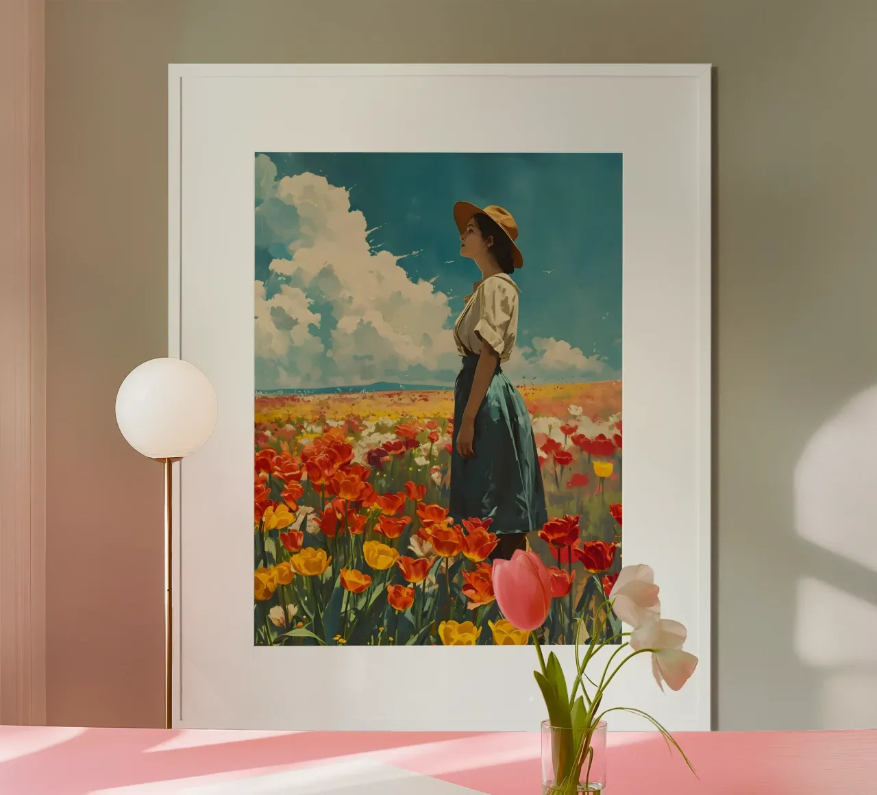 Donna in un campo di tulipani Vintage art poster con telaio in alluminio da Vintage Travel Art