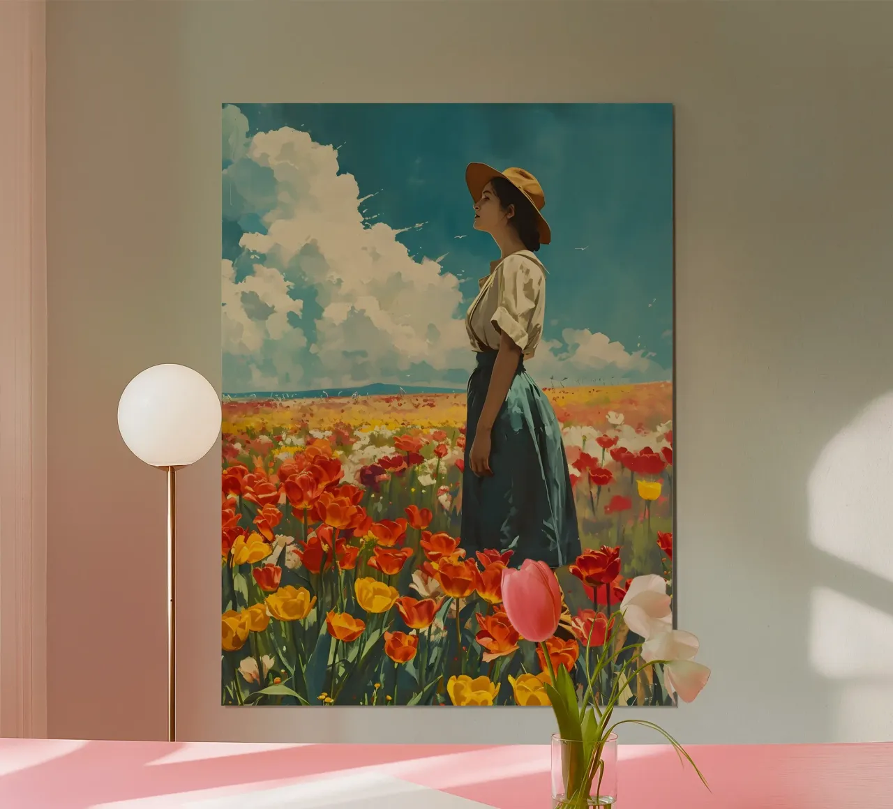 Donna in un campo di tulipani Vintage art poster con telaio in alluminio da Vintage Travel Art