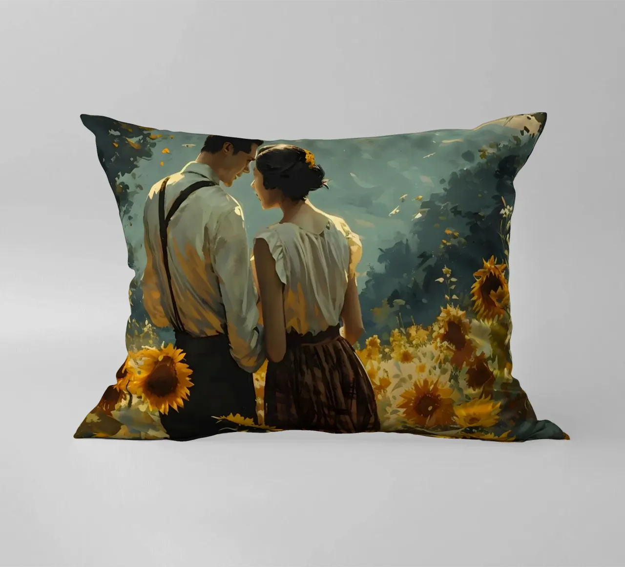Amanti in un campo di girasoli cuscino da Vintage Travel Art