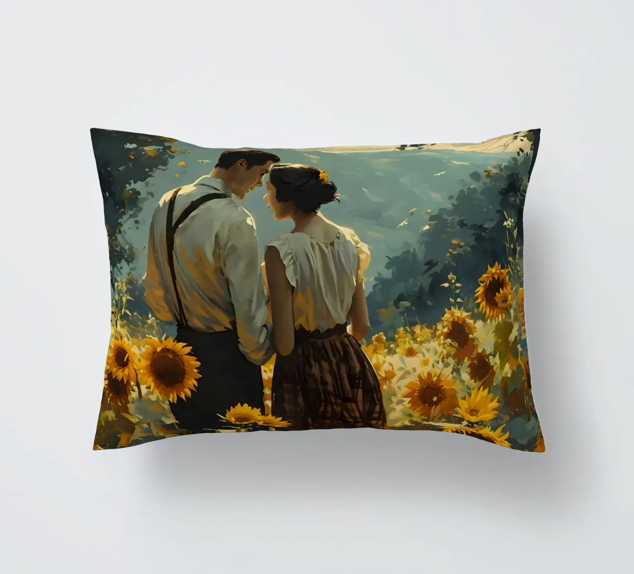 Amanti in un campo di girasoli cuscino da Vintage Travel Art