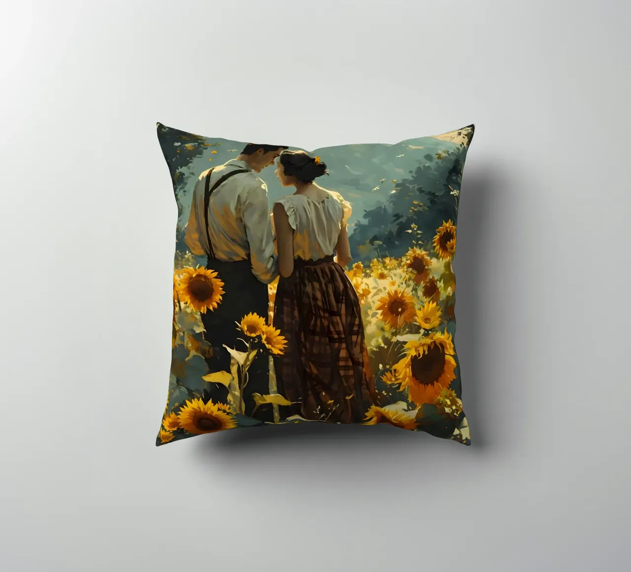 Amanti in un campo di girasoli cuscino da Vintage Travel Art