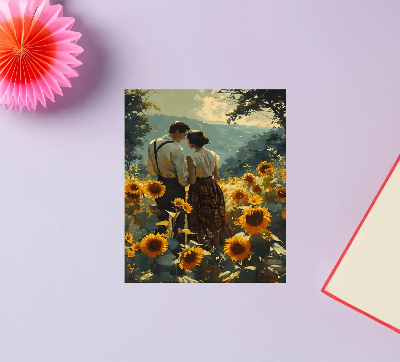 Lovers in a field of sunflowers sticker by Vintage Travel Art