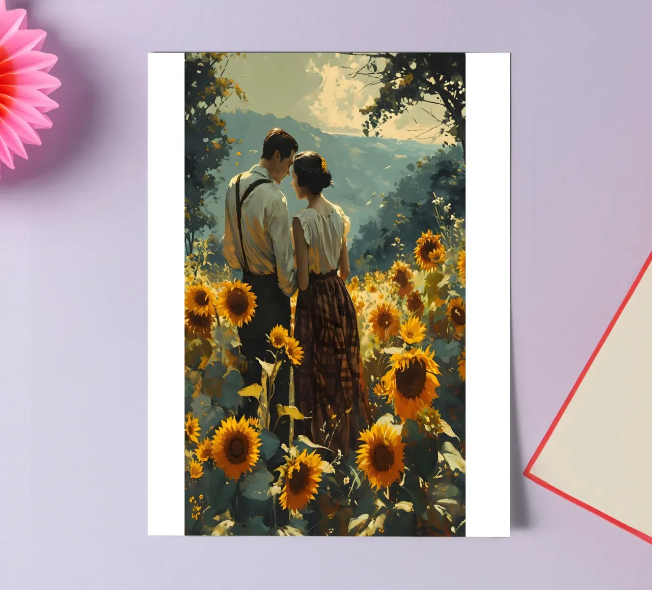 Lovers in a field of sunflowers sticker sheet by Vintage Travel Art