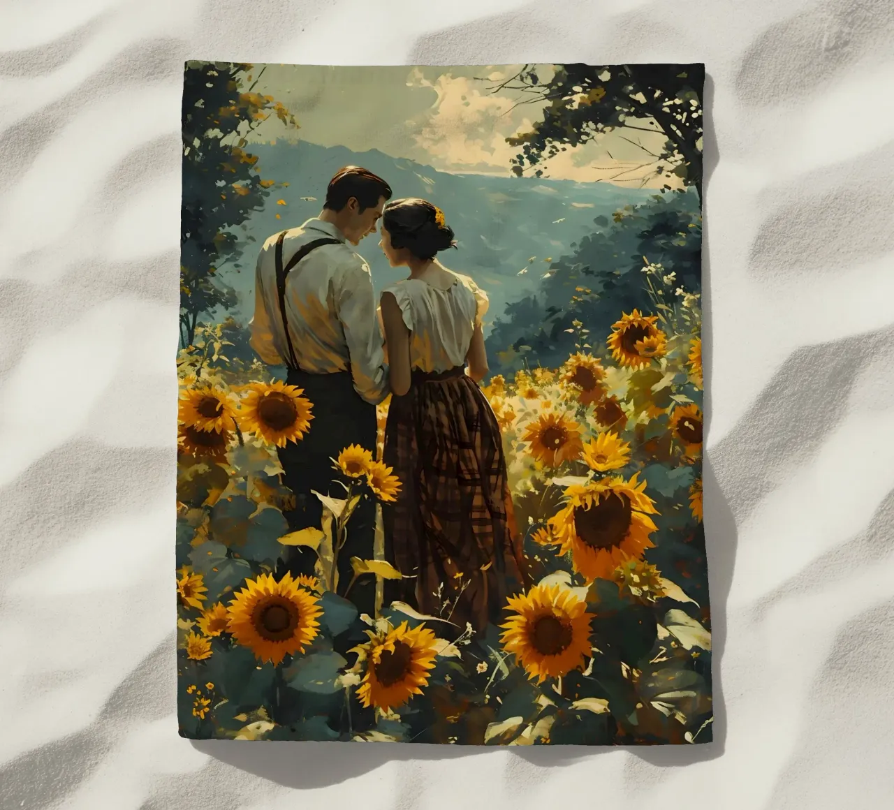 Amanti in un campo di girasoli telo mare da Vintage Travel Art