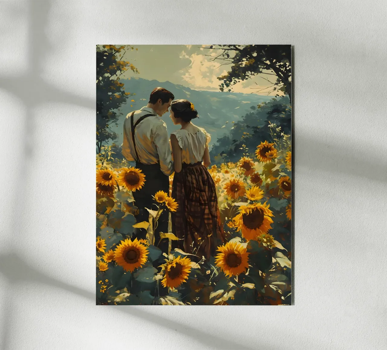 Amanti in un campo di girasoli alluminio dibond da Vintage Travel Art
