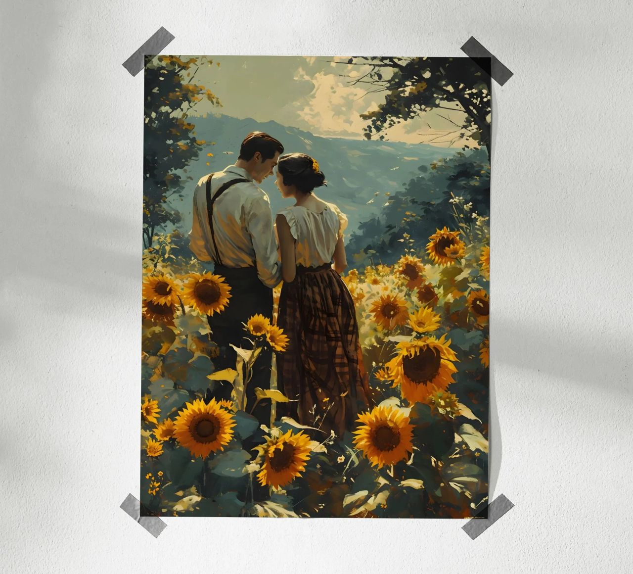 Liebespaar im Sonnenblumenfeld Poster von Vintage Travel Art