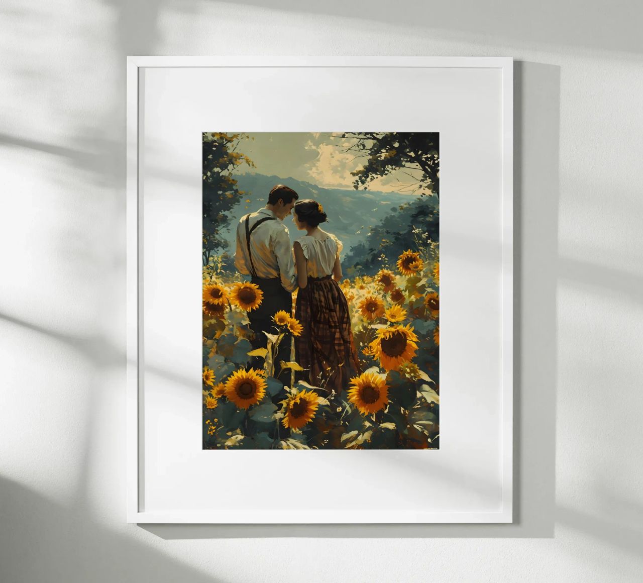 Liebespaar im Sonnenblumenfeld Poster von Vintage Travel Art