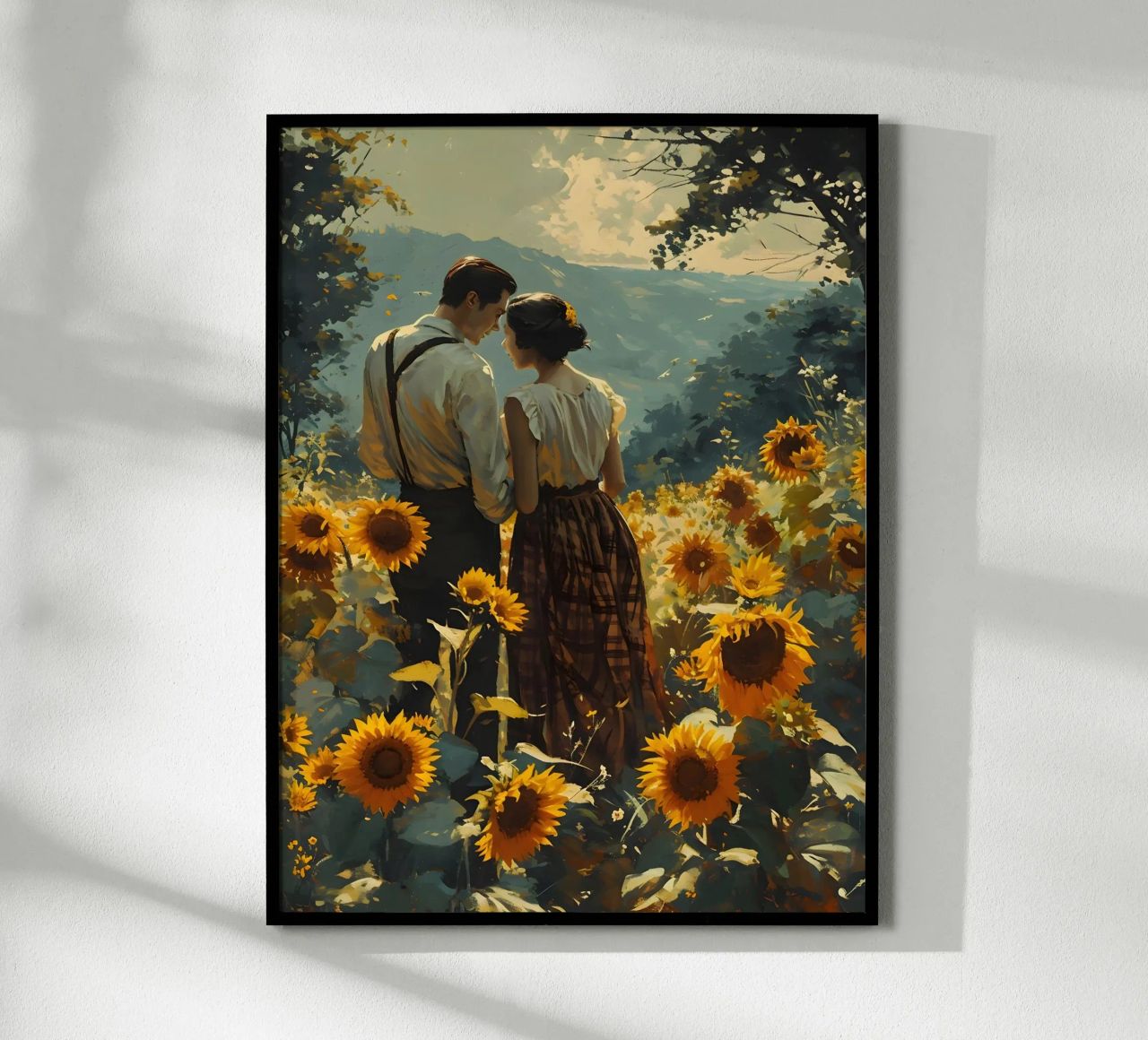 Liebespaar im Sonnenblumenfeld Poster von Vintage Travel Art
