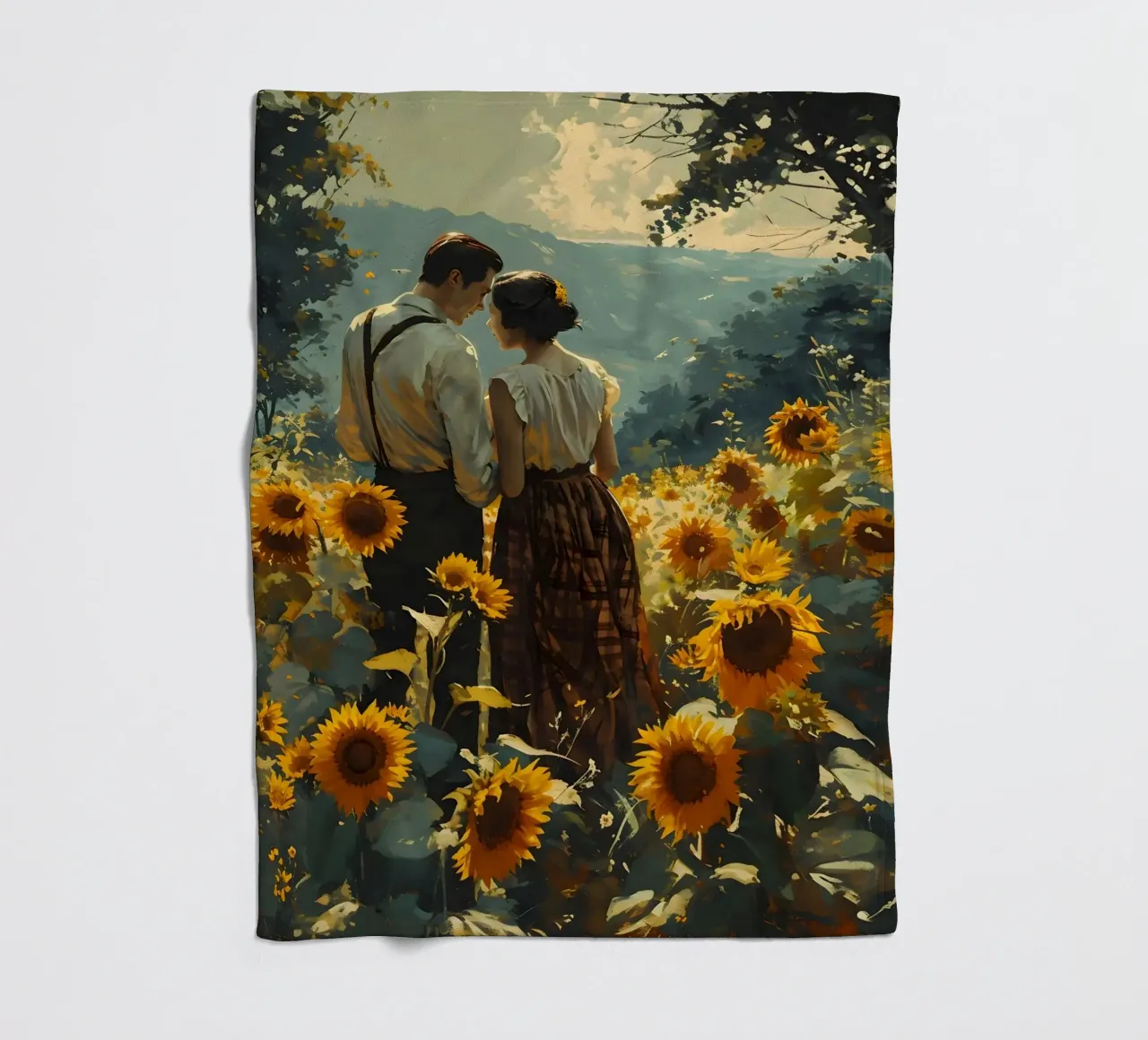 Lovers in a field of sunflowers fleece blanket by Vintage Travel Art