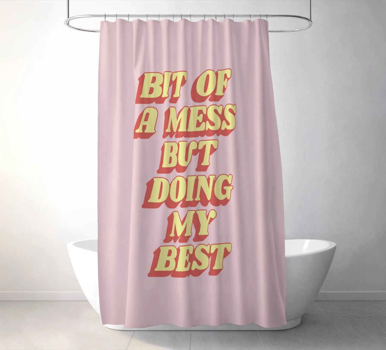 Bit of a Mess But Doing my Best Sassy Typography Print Rosa cortina de baño de THE MOTIVATED TYPE