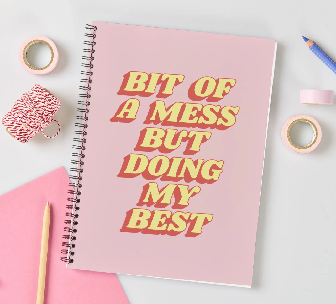 Bit of a Mess But Doing my Best Sassy Typography Print Pink spiral notebook by THE MOTIVATED TYPE