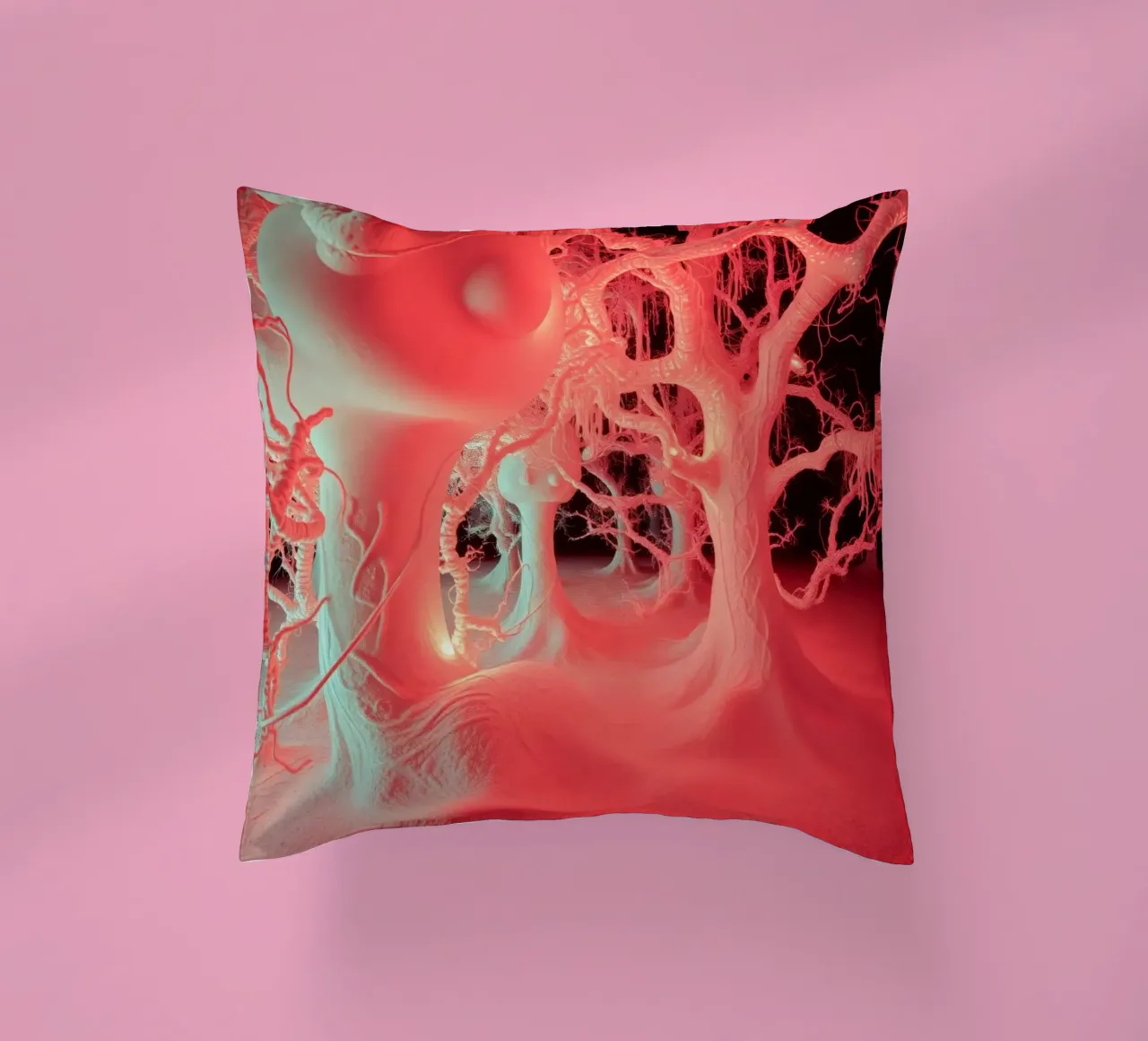 Unique art featuring glowing trees and organic forms decorative cushion by DesignDoodle