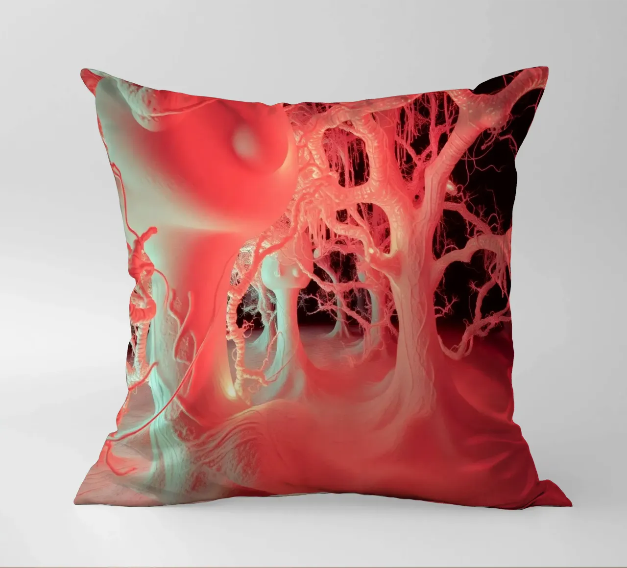 Unique art featuring glowing trees and organic forms decorative cushion by DesignDoodle