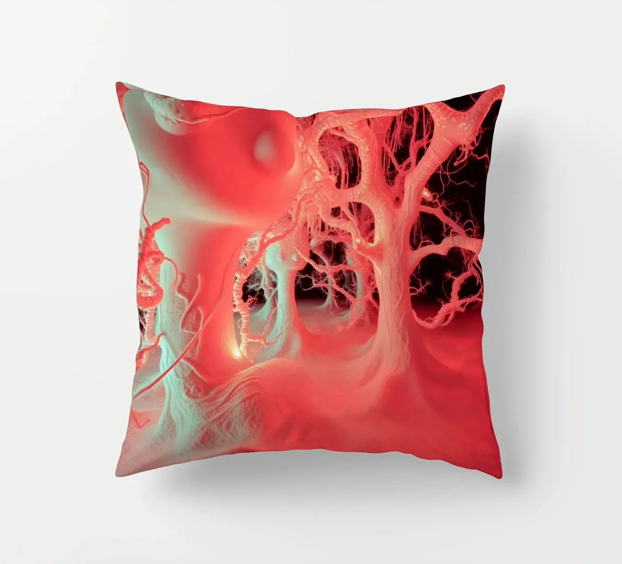 Unique art featuring glowing trees and organic forms decorative cushion by DesignDoodle