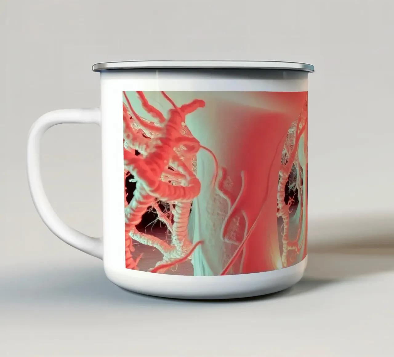 Arte unica con alberi luminosi e forme organiche tazza in smalto da DesignDoodle