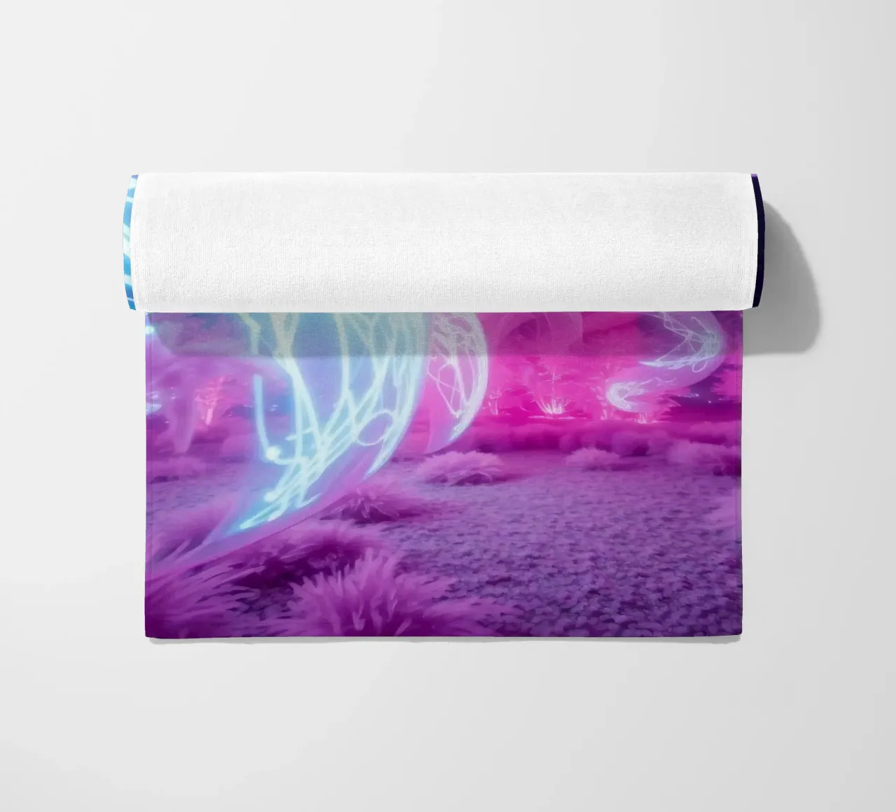 Vibrante despliegue de luces de neón en un paisaje surrealista toalla de playa de DesignDoodle